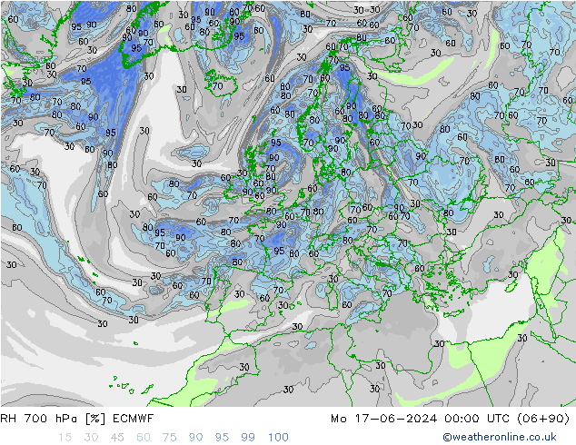 RH 700 гПа ECMWF пн 17.06.2024 00 UTC