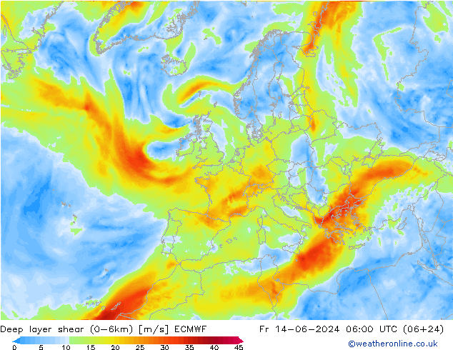 Deep layer shear (0-6km) ECMWF Fr 14.06.2024 06 UTC