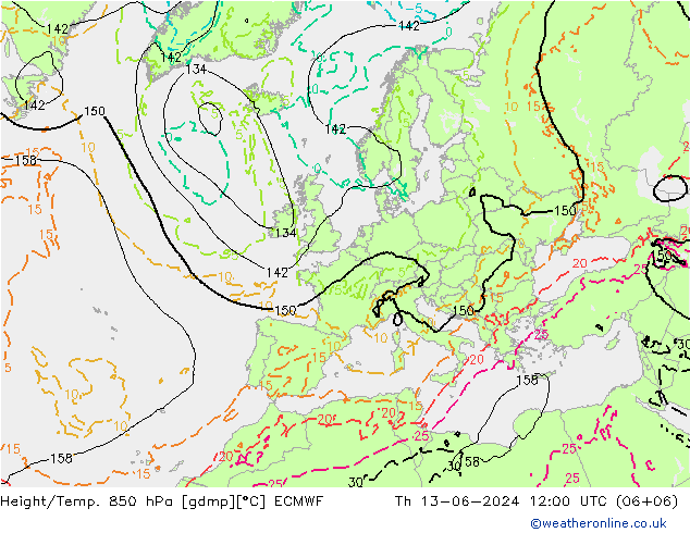 Z500/Rain (+SLP)/Z850 ECMWF jue 13.06.2024 12 UTC