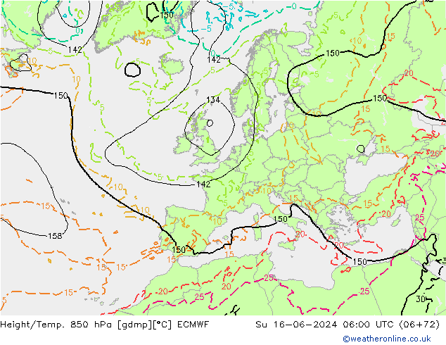 Height/Temp. 850 hPa ECMWF So 16.06.2024 06 UTC