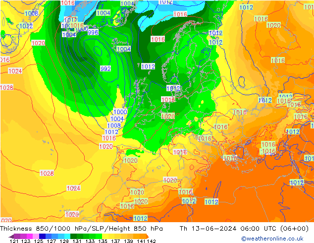 Dikte 850-1000 hPa ECMWF do 13.06.2024 06 UTC