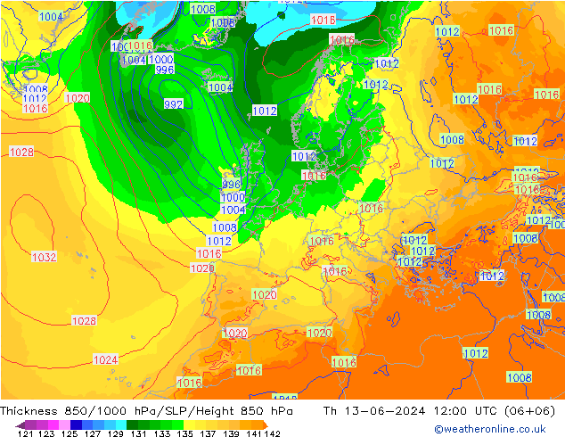 Thck 850-1000 hPa ECMWF Th 13.06.2024 12 UTC