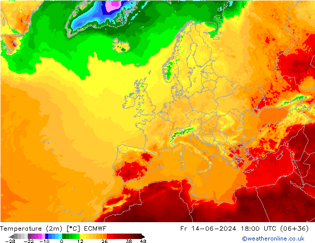 Temperature (2m) ECMWF Fr 14.06.2024 18 UTC