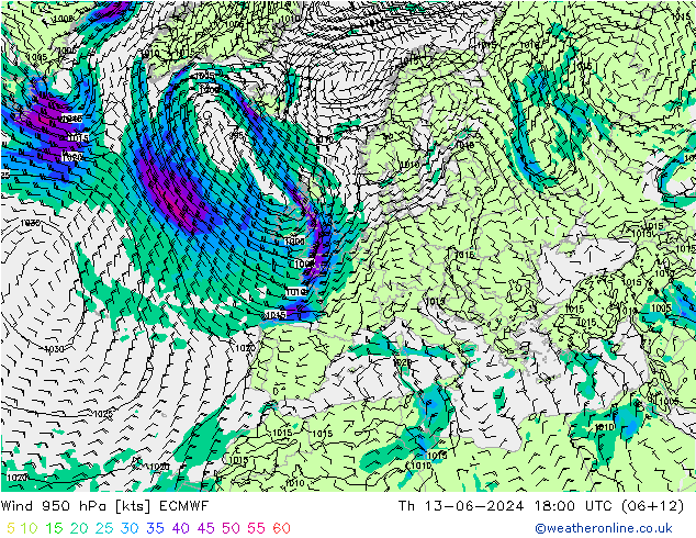 Wind 950 hPa ECMWF do 13.06.2024 18 UTC