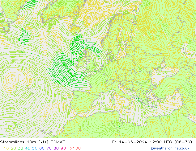 Streamlines 10m ECMWF Fr 14.06.2024 12 UTC