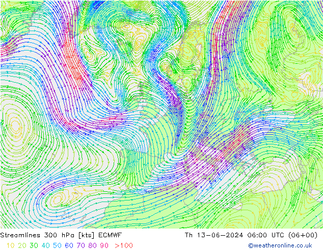 Stroomlijn 300 hPa ECMWF do 13.06.2024 06 UTC