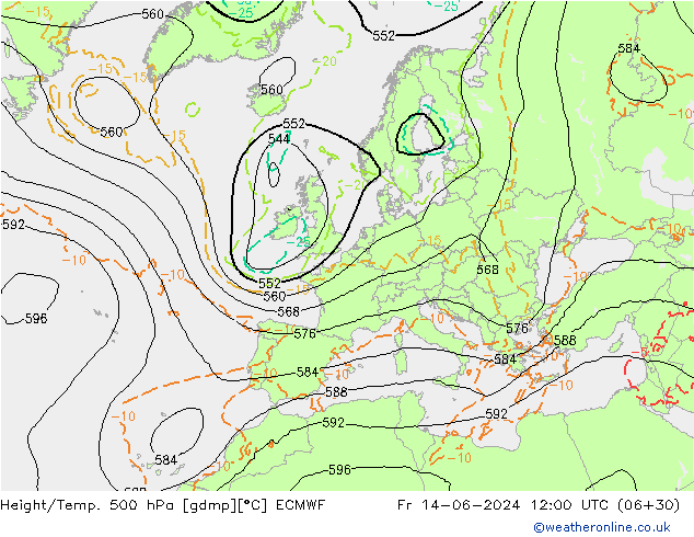 Hoogte/Temp. 500 hPa ECMWF vr 14.06.2024 12 UTC