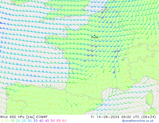 Wind 950 hPa ECMWF Fr 14.06.2024 06 UTC