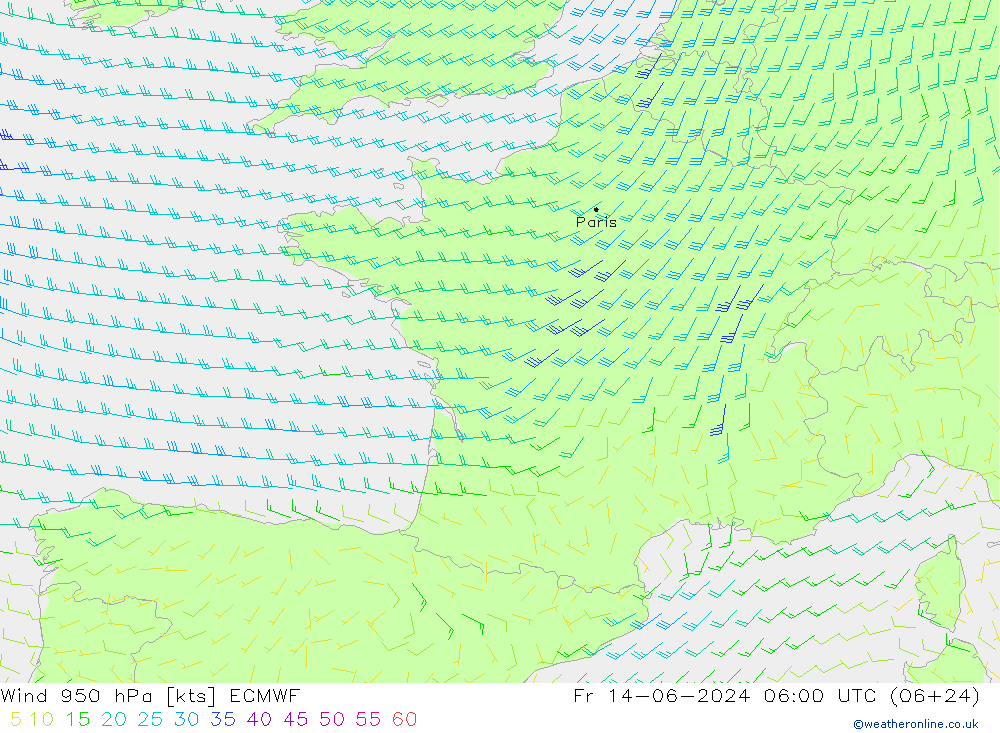 Viento 950 hPa ECMWF vie 14.06.2024 06 UTC