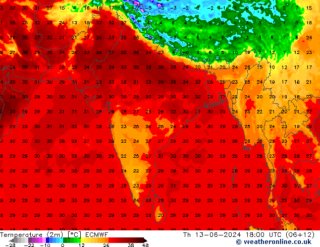 Temperature (2m) ECMWF Čt 13.06.2024 18 UTC