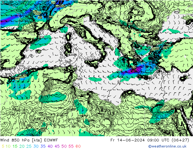 Viento 850 hPa ECMWF vie 14.06.2024 09 UTC