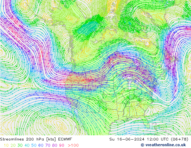 Linea di flusso 200 hPa ECMWF dom 16.06.2024 12 UTC