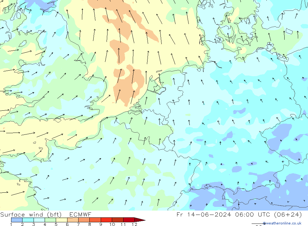 Vent 10 m (bft) ECMWF ven 14.06.2024 06 UTC