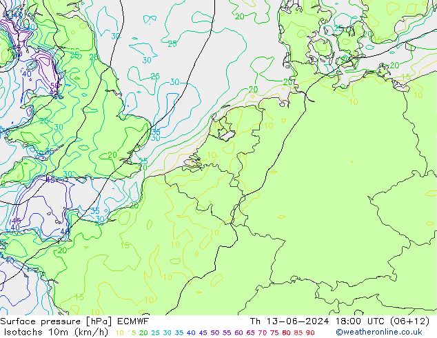 Izotacha (km/godz) ECMWF czw. 13.06.2024 18 UTC