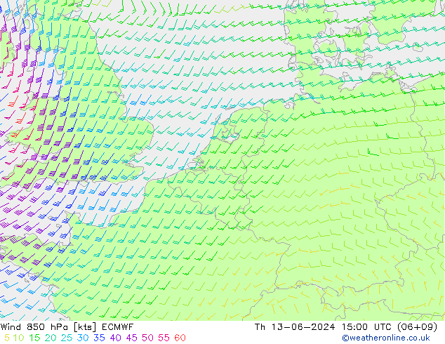 Wind 850 hPa ECMWF do 13.06.2024 15 UTC
