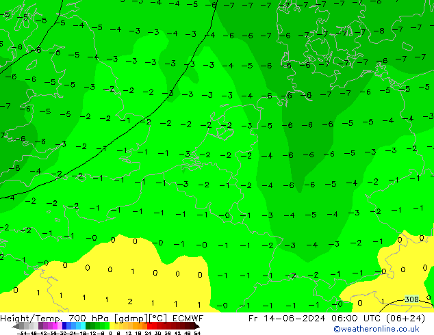 Height/Temp. 700 hPa ECMWF Fr 14.06.2024 06 UTC