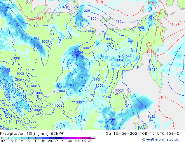 Totale neerslag (6h) ECMWF za 15.06.2024 12 UTC