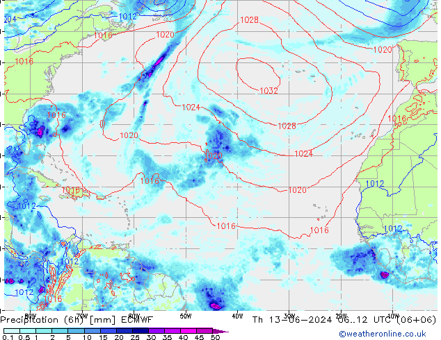 Precipitación (6h) ECMWF jue 13.06.2024 12 UTC