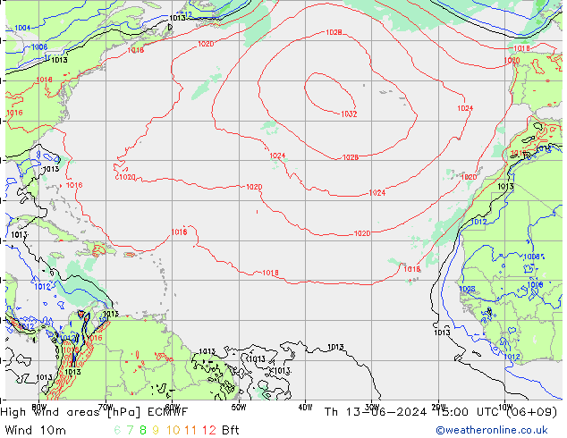 High wind areas ECMWF jue 13.06.2024 15 UTC