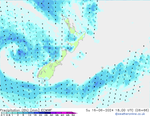 Precipitation (6h) ECMWF Su 16.06.2024 00 UTC