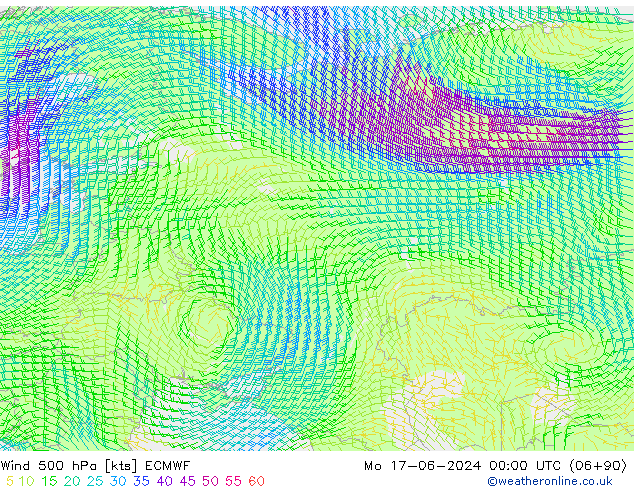 wiatr 500 hPa ECMWF pon. 17.06.2024 00 UTC