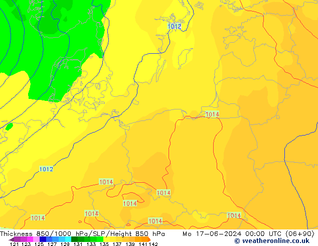 Dikte 850-1000 hPa ECMWF ma 17.06.2024 00 UTC