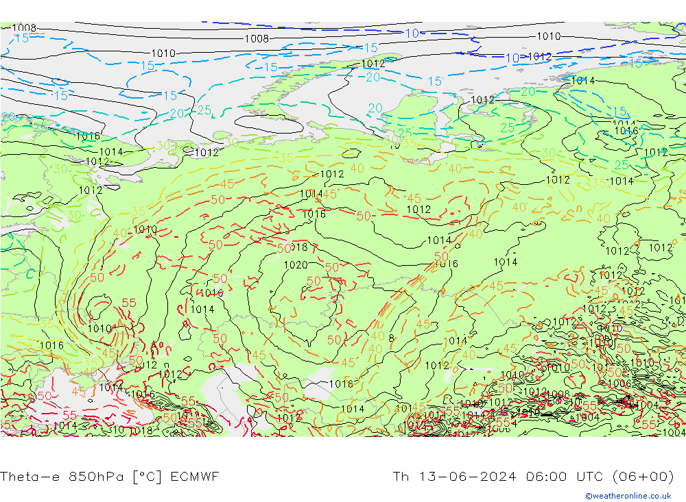 Theta-e 850hPa ECMWF Th 13.06.2024 06 UTC