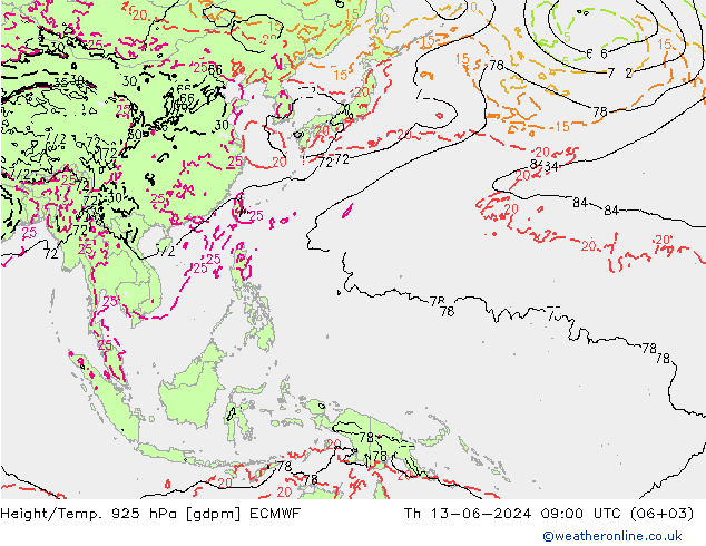 Height/Temp. 925 hPa ECMWF Th 13.06.2024 09 UTC