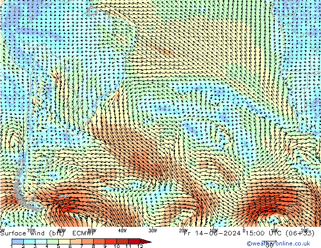 wiatr 10 m (bft) ECMWF pt. 14.06.2024 15 UTC