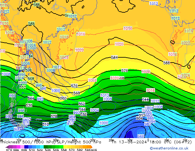 Thck 500-1000гПа ECMWF чт 13.06.2024 18 UTC