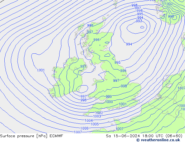 Presión superficial ECMWF sáb 15.06.2024 18 UTC