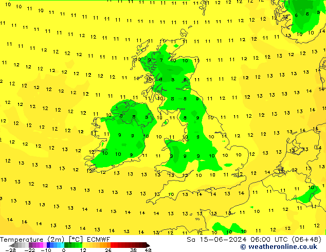 Temperaturkarte (2m) ECMWF Sa 15.06.2024 06 UTC