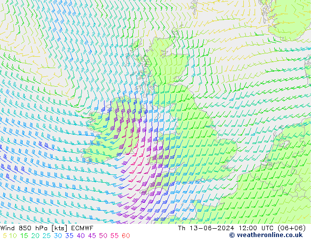 Wind 850 hPa ECMWF Th 13.06.2024 12 UTC