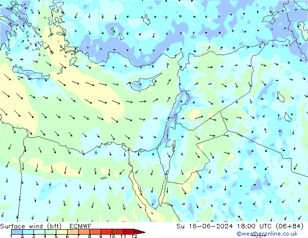 Viento 10 m (bft) ECMWF dom 16.06.2024 18 UTC