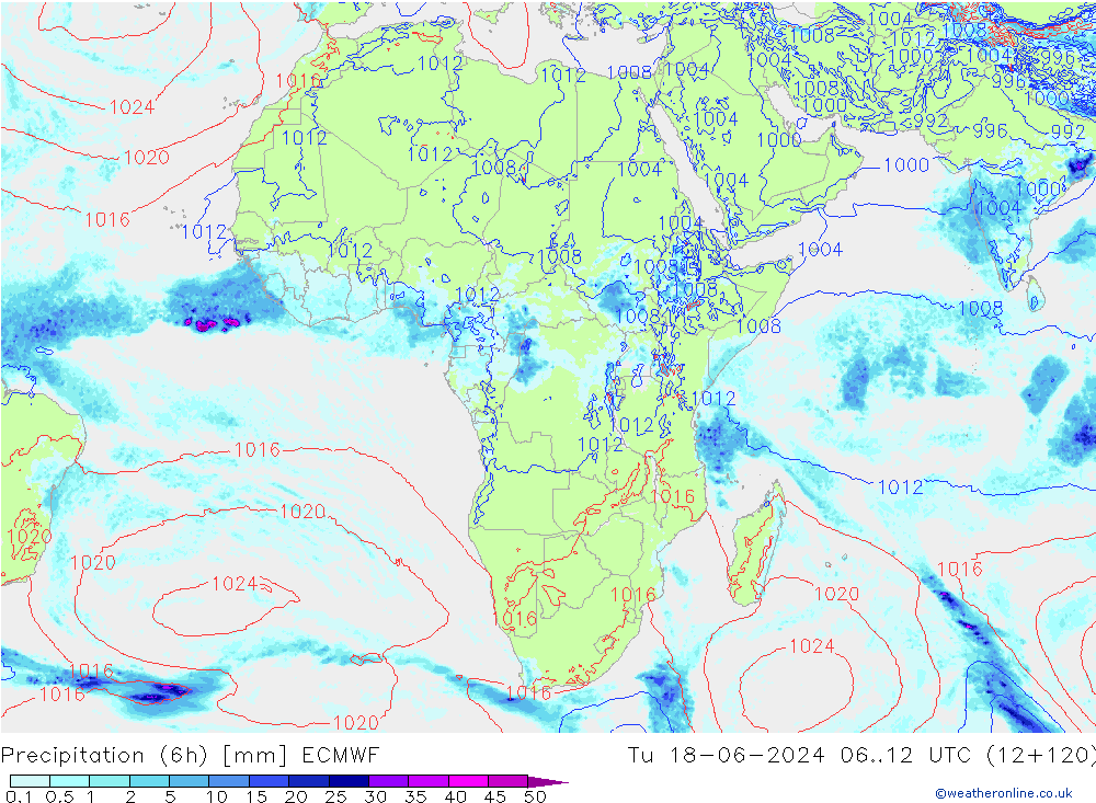 Precipitation (6h) ECMWF Tu 18.06.2024 12 UTC