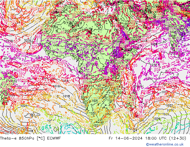 Theta-e 850hPa ECMWF ven 14.06.2024 18 UTC