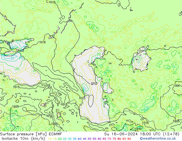Izotacha (km/godz) ECMWF nie. 16.06.2024 18 UTC