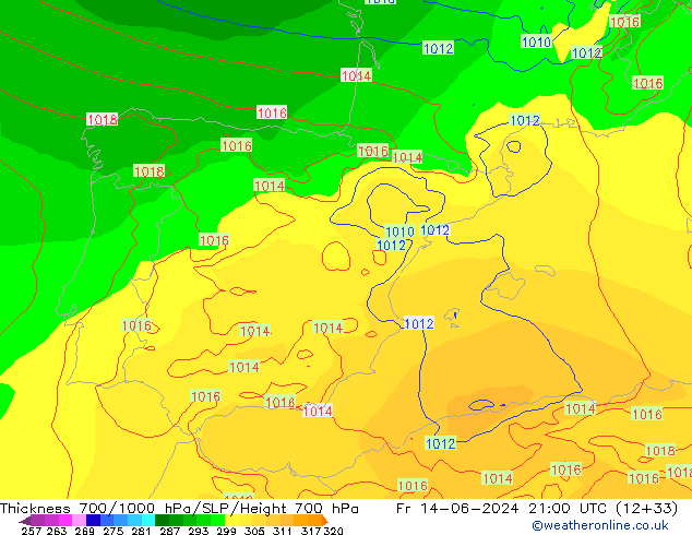 Schichtdicke 700-1000 hPa ECMWF Fr 14.06.2024 21 UTC