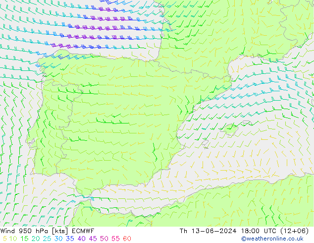 Vento 950 hPa ECMWF Qui 13.06.2024 18 UTC