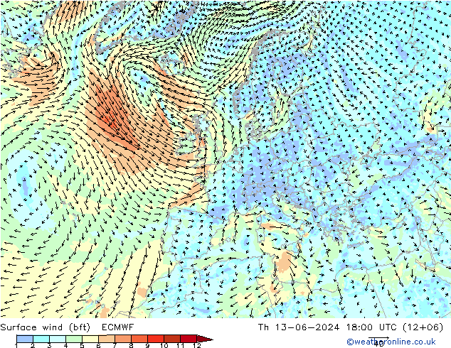 Surface wind (bft) ECMWF Th 13.06.2024 18 UTC