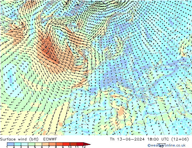  10 m (bft) ECMWF  13.06.2024 18 UTC