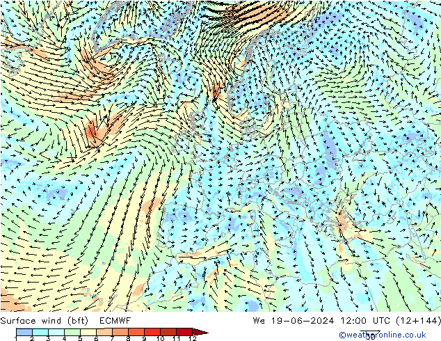 Surface wind (bft) ECMWF We 19.06.2024 12 UTC