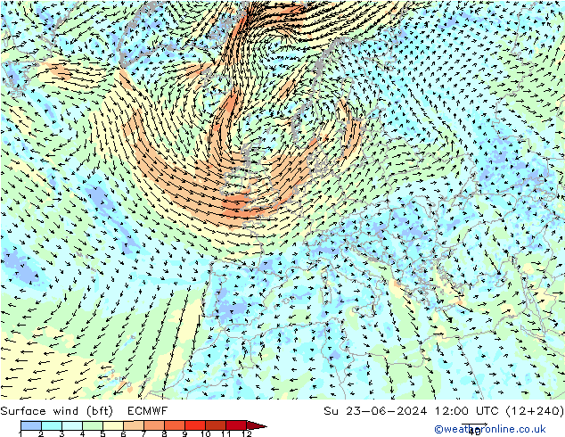 Surface wind (bft) ECMWF Su 23.06.2024 12 UTC