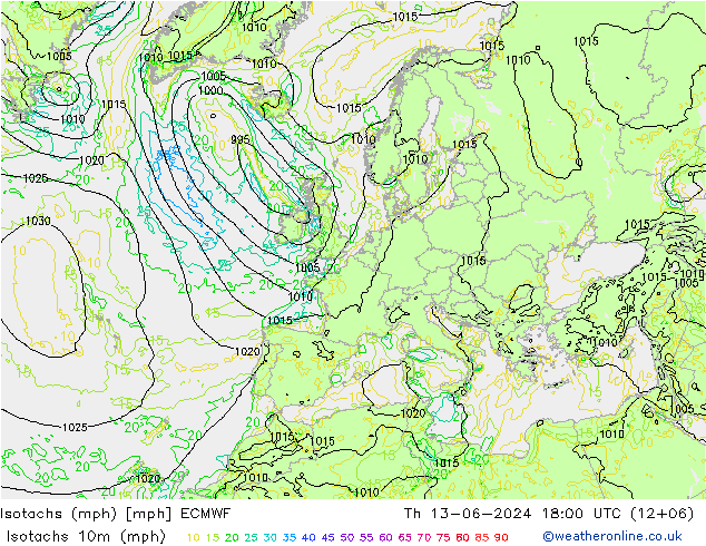 Isotachen (mph) ECMWF do 13.06.2024 18 UTC