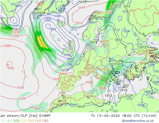 Jet stream/SLP ECMWF Čt 13.06.2024 18 UTC