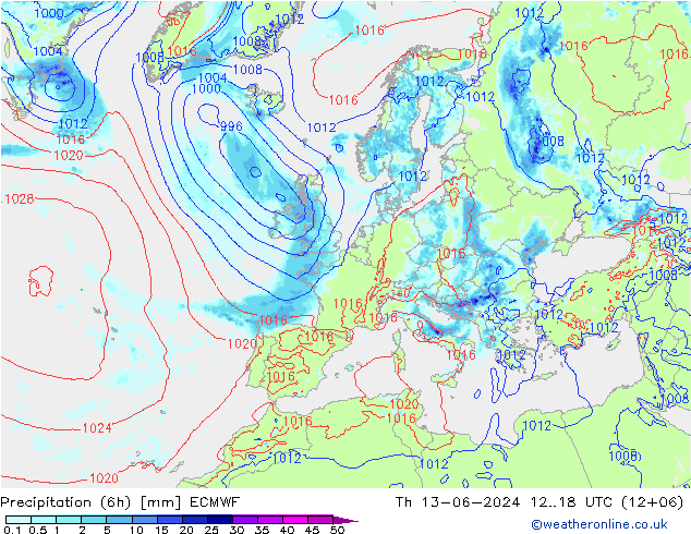 Z500/Rain (+SLP)/Z850 ECMWF czw. 13.06.2024 18 UTC