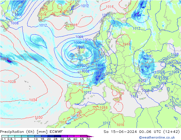 Z500/Rain (+SLP)/Z850 ECMWF сб 15.06.2024 06 UTC