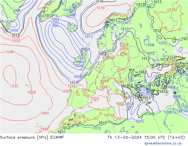 地面气压 ECMWF 星期四 13.06.2024 15 UTC