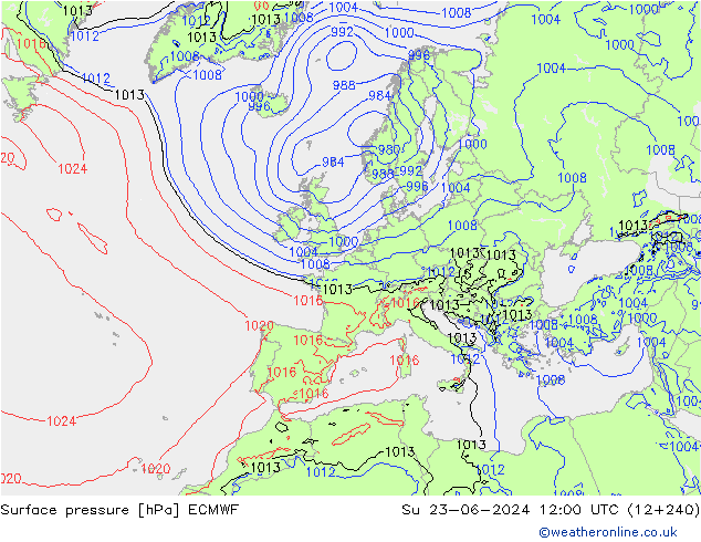 Presión superficial ECMWF dom 23.06.2024 12 UTC