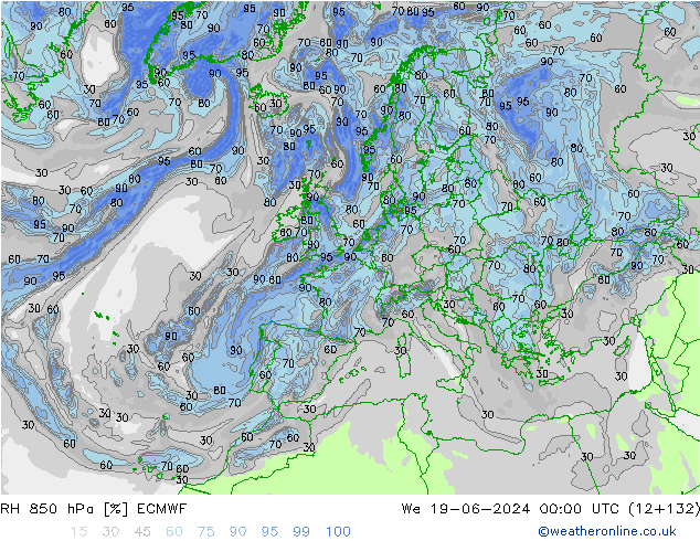 Humidité rel. 850 hPa ECMWF mer 19.06.2024 00 UTC